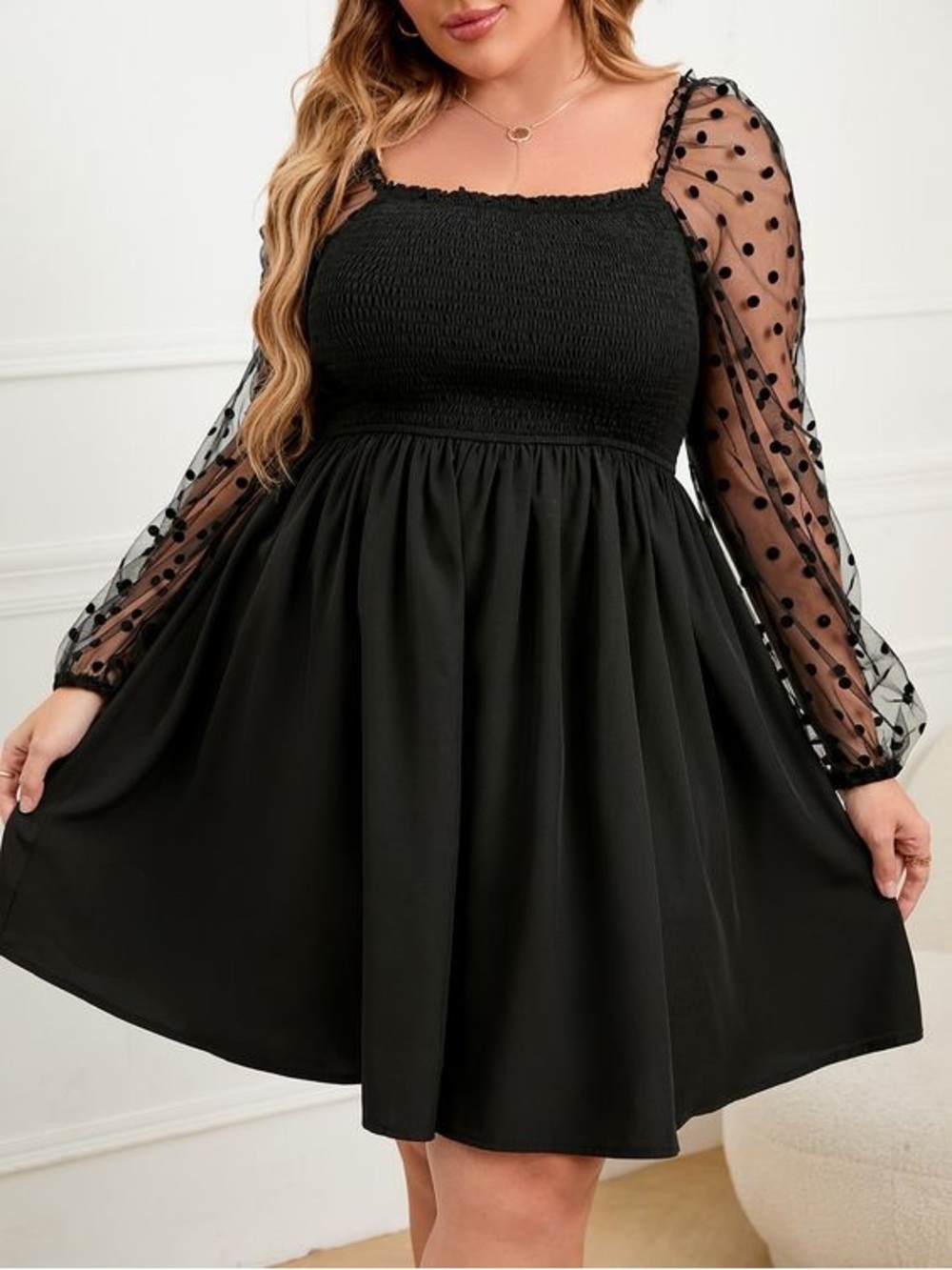 Plus Size 4XL Black Swiss Polka Dot Long Sheer Sleeve Dress Square Neck Smocked